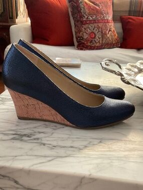 Pair of Navy metallic wedges with cork heel detail, 8.5 m